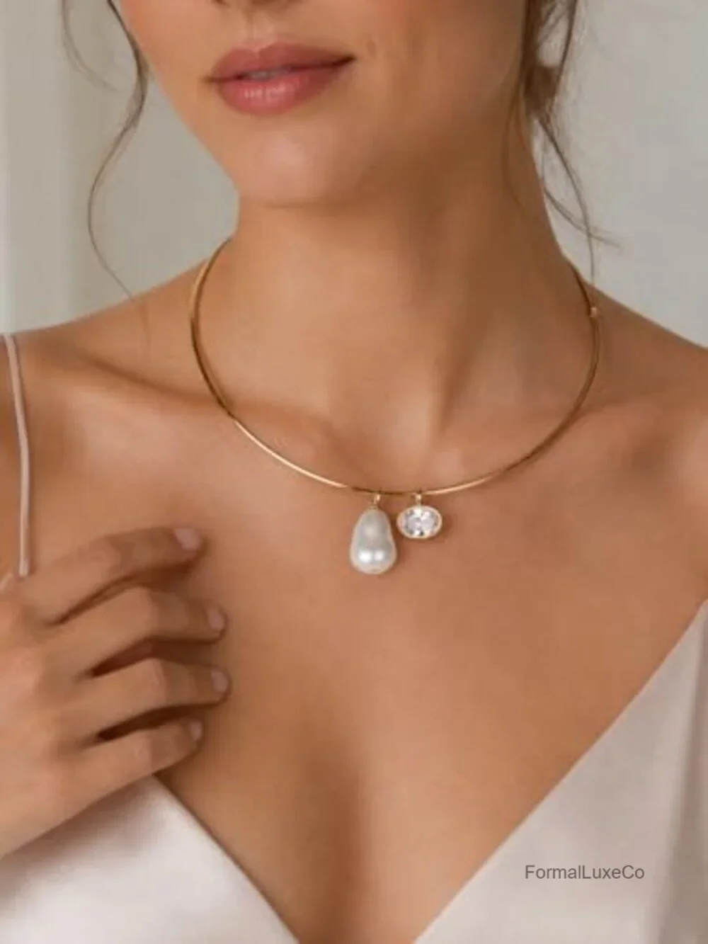 Gold Plated Collar Necklace with CZ & Pearl Pendants, Removable